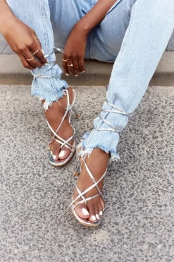 Damskie Boto Wiązane Sandały Na Szpilce Z Kwadratowym Noskiem Srebrne Runway