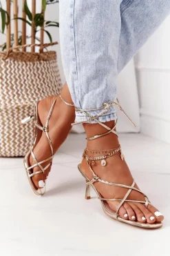 Outlet Boto Wiązane Sandały Na Szpilce Z Kwadratowym Noskiem Złote Runway