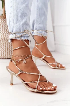 Outlet Boto Wiązane Sandały Na Szpilce Z Kwadratowym Noskiem Złote Runway