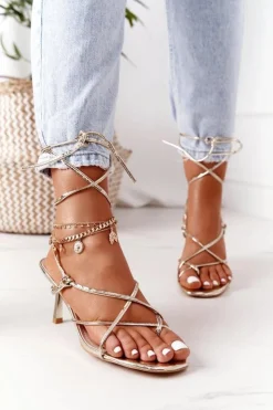 Outlet Boto Wiązane Sandały Na Szpilce Z Kwadratowym Noskiem Złote Runway