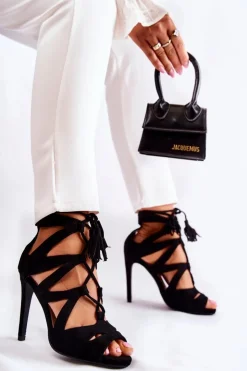 Damskie Boto Wiązane Sandały Na Szpilce Czarne Galla