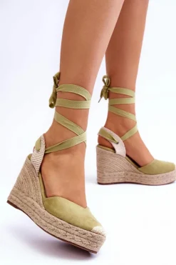 Boto Sandały Na Koturnie*Wiązane Sandały Na Wysokim Koturnie Zielone Lendy Zielony