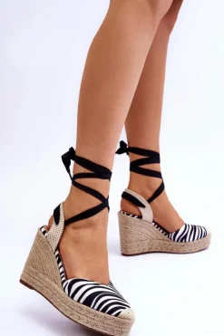 Boto Wiązane Sandały Na Wysokim Koturnie Czarno-Białe Lendy