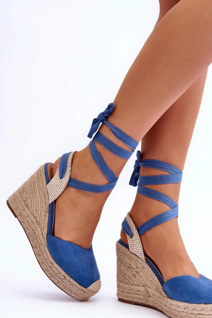 Online Boto Wiązane Sandały Na Wysokim Koturnie Niebieskie Lendy