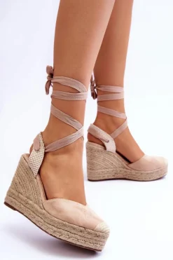 Boto Sandały Na Koturnie*Wiązane Sandały Na Wysokim Koturnie Beżowe Lendy