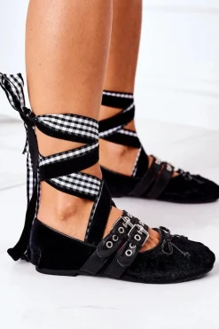 Boto Baleriny Klasyczne*Wiązane Welurowe Baleriny Lu Boo Czarne