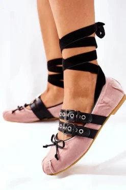 Boto Baleriny Klasyczne*Wiązane Welurowe Baleriny Lu Boo Beżowe