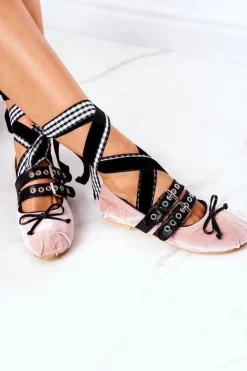 Clearance Boto Wiązane Welurowe Baleriny Lu Boo Różowe