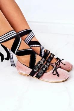 Clearance Boto Wiązane Welurowe Baleriny Lu Boo Różowe