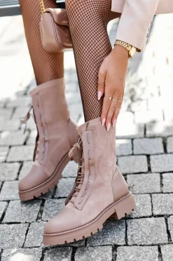 Damskie Boto Wiązane Zamszowe Botki Damskie Beżowe Marirla