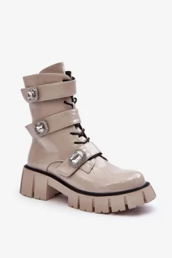 Damskie buty S.Barski Workery Botki Damskie Lakierowane Jasnoszare S.Barski MR870-61