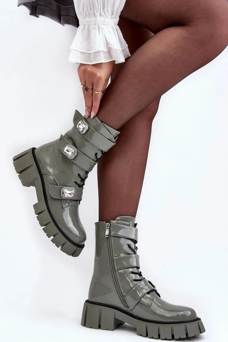 Outlet Damskie buty S.Barski Workery Botki Damskie Lakierowane Zielone S.Barski MR870-61