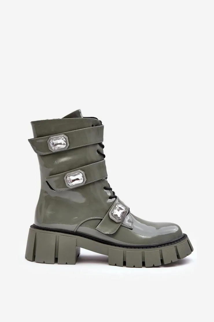 Outlet Damskie buty S.Barski Workery Botki Damskie Lakierowane Zielone S.Barski MR870-61
