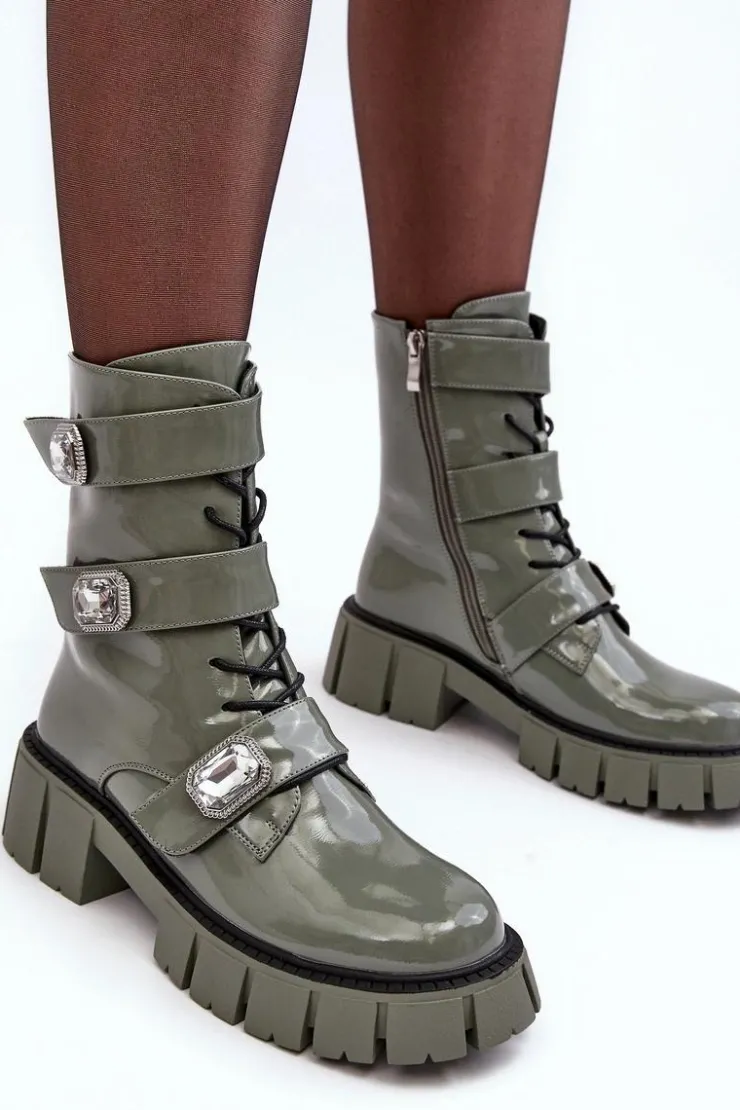 Outlet Damskie buty S.Barski Workery Botki Damskie Lakierowane Zielone S.Barski MR870-61