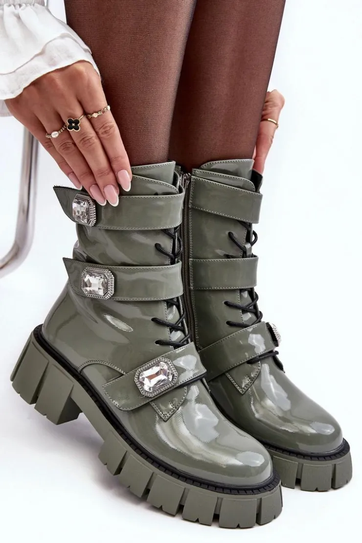 Outlet Damskie buty S.Barski Workery Botki Damskie Lakierowane Zielone S.Barski MR870-61