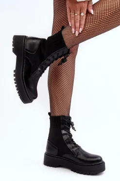 Boto Botki Sznurowane|Czarne Botki*Workery Botki Damskie Ze Skarpetą Sznurowane Czarne Dedinva