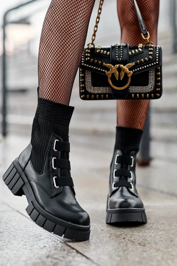 Boto Damskie Trapery|Czarne Botki*Workery Botki Na Płaskim Obcasie Ze Skarpetą Czarne Inogoi