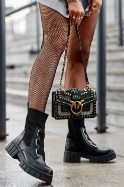 Boto Damskie Trapery|Czarne Botki*Workery Botki Na Płaskim Obcasie Ze Skarpetą Czarne Inogoi