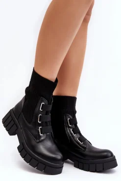 Boto Damskie Trapery|Czarne Botki*Workery Botki Na Płaskim Obcasie Ze Skarpetą Czarne Inogoi