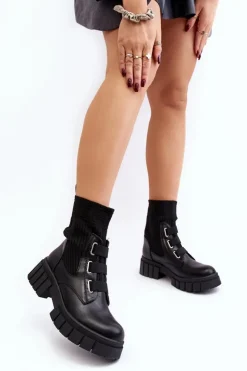 Boto Damskie Trapery|Czarne Botki*Workery Botki Na Płaskim Obcasie Ze Skarpetą Czarne Inogoi