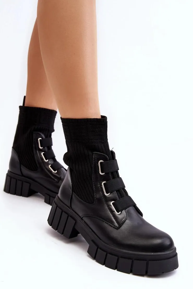 Boto Damskie Trapery|Czarne Botki*Workery Botki Na Płaskim Obcasie Ze Skarpetą Czarne Inogoi