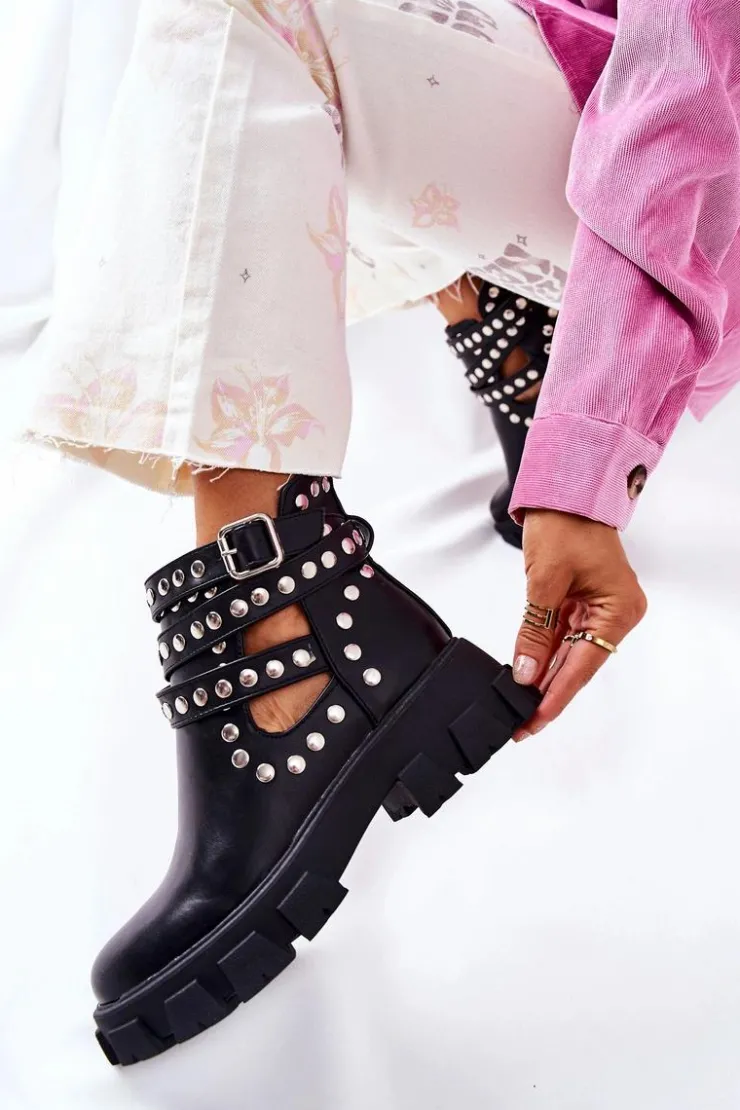 Boto Czarne Botki|Brązowe I Beżowe Botki*Workery Z Dżetami Na Platformie Czarne Vernelle