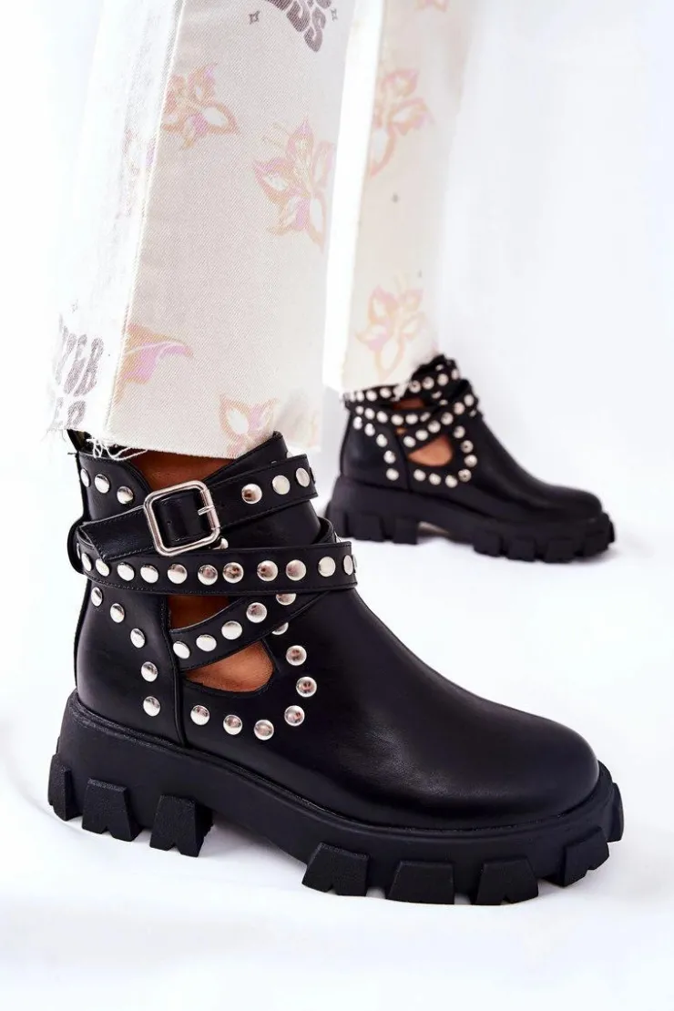 Boto Czarne Botki|Brązowe I Beżowe Botki*Workery Z Dżetami Na Platformie Czarne Vernelle