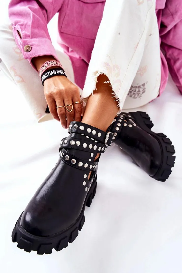 Boto Czarne Botki|Brązowe I Beżowe Botki*Workery Z Dżetami Na Platformie Czarne Vernelle