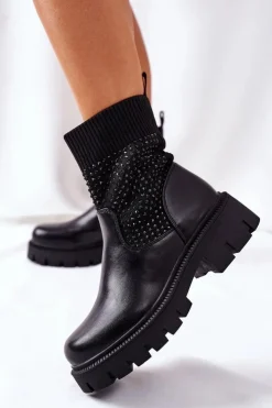 Boto Czarne Botki|Botki Zimowe Damskie*Workery Z Elastycznej Tkaniny Z Cyrkoniami Czarne XOXO