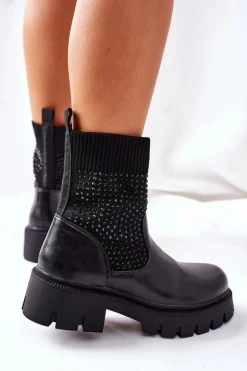Boto Czarne Botki|Botki Zimowe Damskie*Workery Z Elastycznej Tkaniny Z Cyrkoniami Czarne XOXO