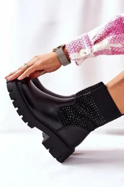 Boto Czarne Botki|Botki Zimowe Damskie*Workery Z Elastycznej Tkaniny Z Cyrkoniami Czarne XOXO