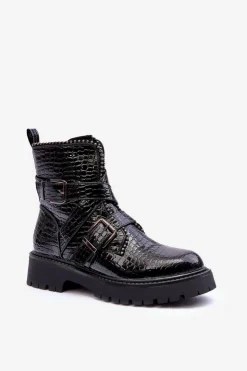 Online Boto Wężowe Botki Damskie Z Paskami Czarne Leora