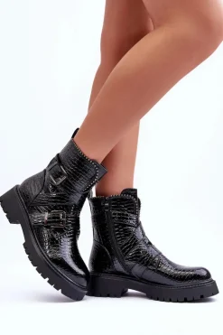 Online Boto Wężowe Botki Damskie Z Paskami Czarne Leora