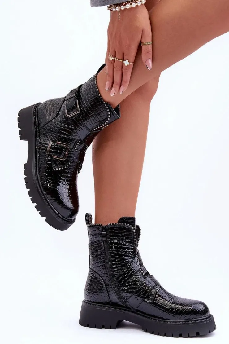 Online Boto Wężowe Botki Damskie Z Paskami Czarne Leora