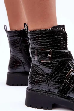 Online Boto Wężowe Botki Damskie Z Paskami Czarne Leora