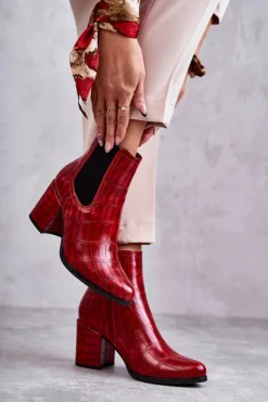 Boto Botki Na Słupku|Botki Zimowe Damskie*Wężowe Skórzane Botki La.Fi 260038R-XC Czerwone