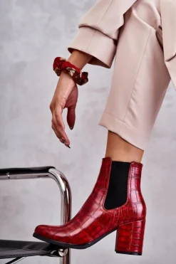 Boto Botki Na Słupku|Botki Zimowe Damskie*Wężowe Skórzane Botki La.Fi 260038R-XC Czerwone