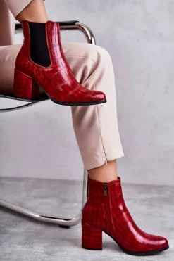 Boto Botki Na Słupku|Botki Zimowe Damskie*Wężowe Skórzane Botki La.Fi 260038R-XC Czerwone