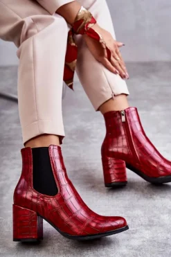 Boto Botki Na Słupku|Botki Zimowe Damskie*Wężowe Skórzane Botki La.Fi 260038R-XC Czerwone