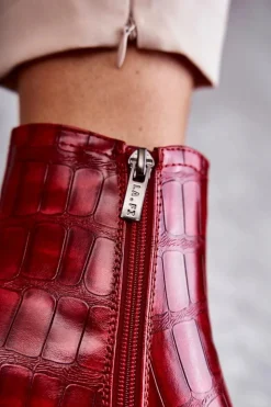 Boto Botki Na Słupku|Botki Zimowe Damskie*Wężowe Skórzane Botki La.Fi 260038R-XC Czerwone