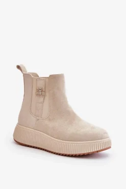 Hot Boto Wsuwane Botki Damskie Na Platformie Z Przypinką Eko Zamszowe Jasnobeżowe Ciatheia