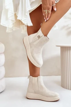 Hot Boto Wsuwane Botki Damskie Na Platformie Z Przypinką Eko Zamszowe Jasnobeżowe Ciatheia