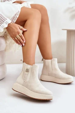 Hot Boto Wsuwane Botki Damskie Na Platformie Z Przypinką Eko Zamszowe Jasnobeżowe Ciatheia