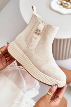 Hot Boto Wsuwane Botki Damskie Na Platformie Z Przypinką Eko Zamszowe Jasnobeżowe Ciatheia