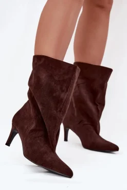 Damskie Boto Wsuwane Botki Damskie Na Szpilce Czekoladowe Solvienne