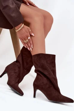 Damskie Boto Wsuwane Botki Damskie Na Szpilce Czekoladowe Solvienne