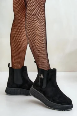 Boto Czarne Botki|Botki Płaskie*Wsuwane Botki Damskie Na Platformie Z Przypinką Eko Zamszowe Czarne Ciatheia