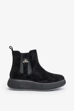 Boto Czarne Botki|Botki Płaskie*Wsuwane Botki Damskie Na Platformie Z Przypinką Eko Zamszowe Czarne Ciatheia