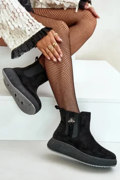 Boto Czarne Botki|Botki Płaskie*Wsuwane Botki Damskie Na Platformie Z Przypinką Eko Zamszowe Czarne Ciatheia