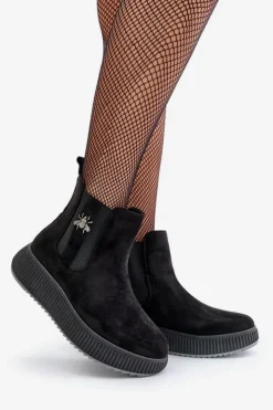 Boto Czarne Botki|Botki Płaskie*Wsuwane Botki Damskie Na Platformie Z Przypinką Eko Zamszowe Czarne Ciatheia